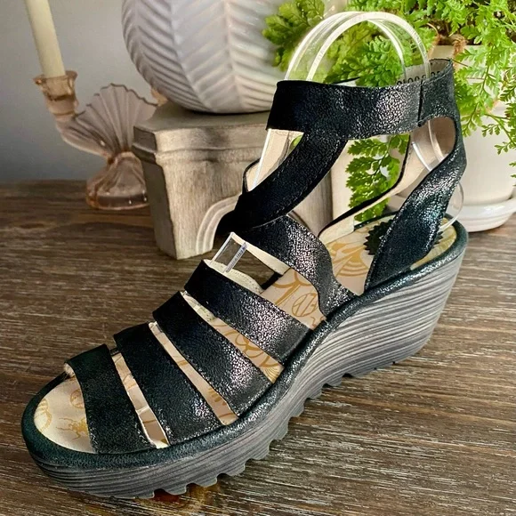 FLY LONDON Yeba Black Suede Ankle Strap Wedges Shoes Womens EU38 US 7.5 - 8 - Picture 6 of 13